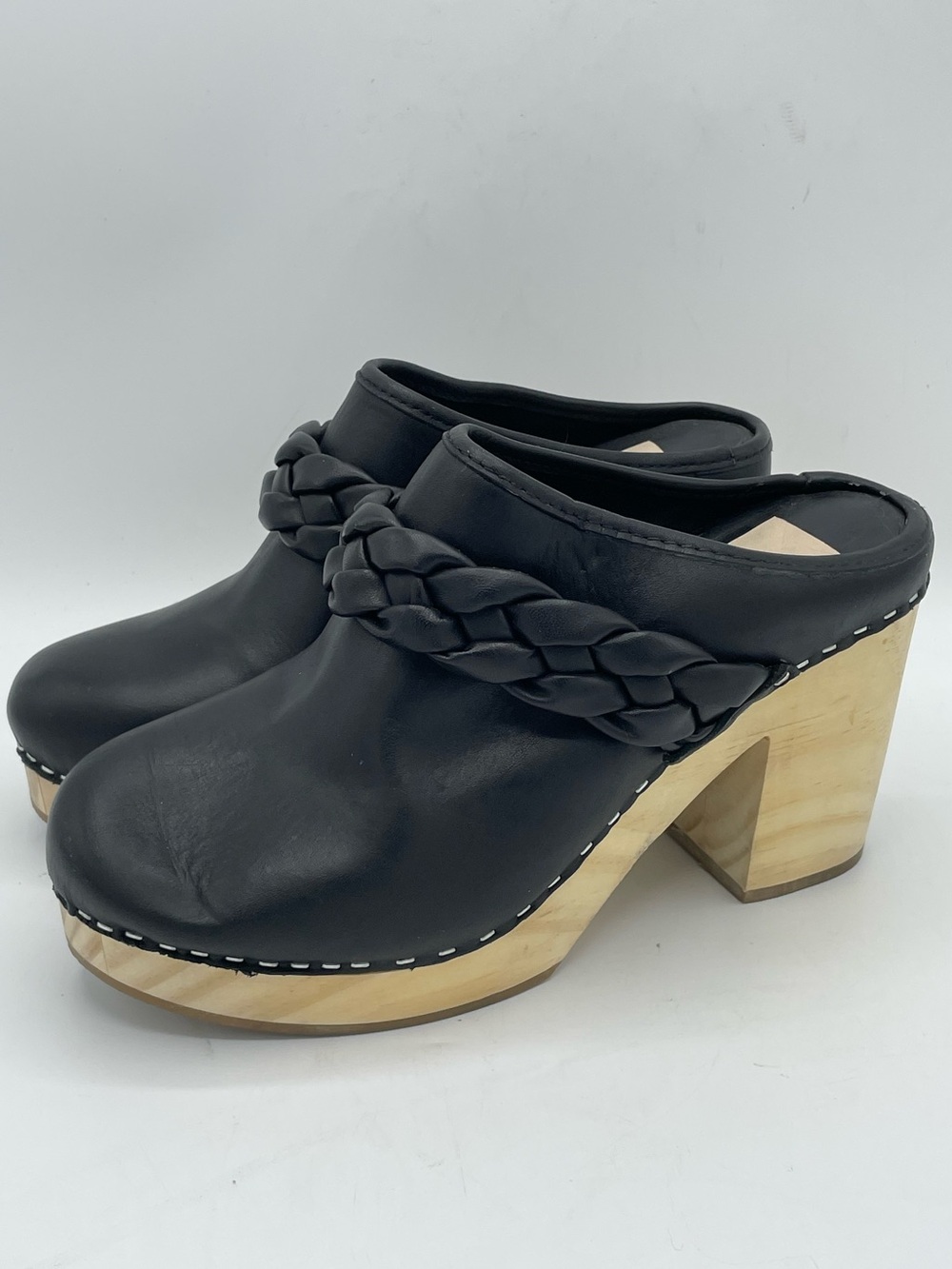 Dolce Vita Hila Black Braided Leather Clog Mules with Wood Block Heel